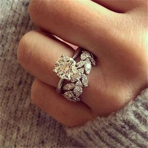 White Sapphire Leaf Wedding Ring Anniversary Set