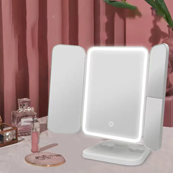 Tri-Fold LED Makeup Mirror with Adjustable Lighting