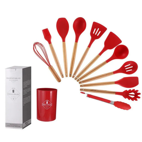 Eco-Friendly Silicone Kitchen Utensil Set with Wooden Handles