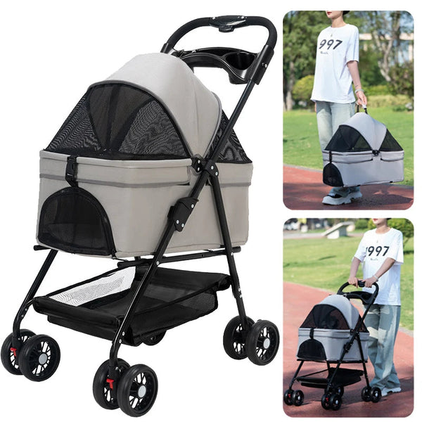 Foldable 4-Wheel Pet Stroller with Storage